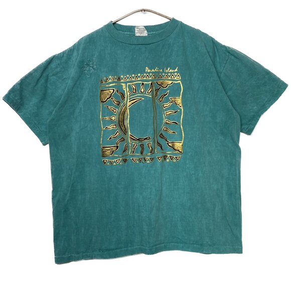 Vintage Teal and Gold Sun Graphic Tee - Picture 1 of 16